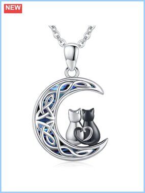 925 Sterling Silver Cat on Moon Pendant Necklace for Women Cat Lover Gift